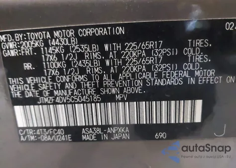 2012 Toyota Rav4 z USA, uszkodzony, nr VIN JTMZF4DV5C5045185
